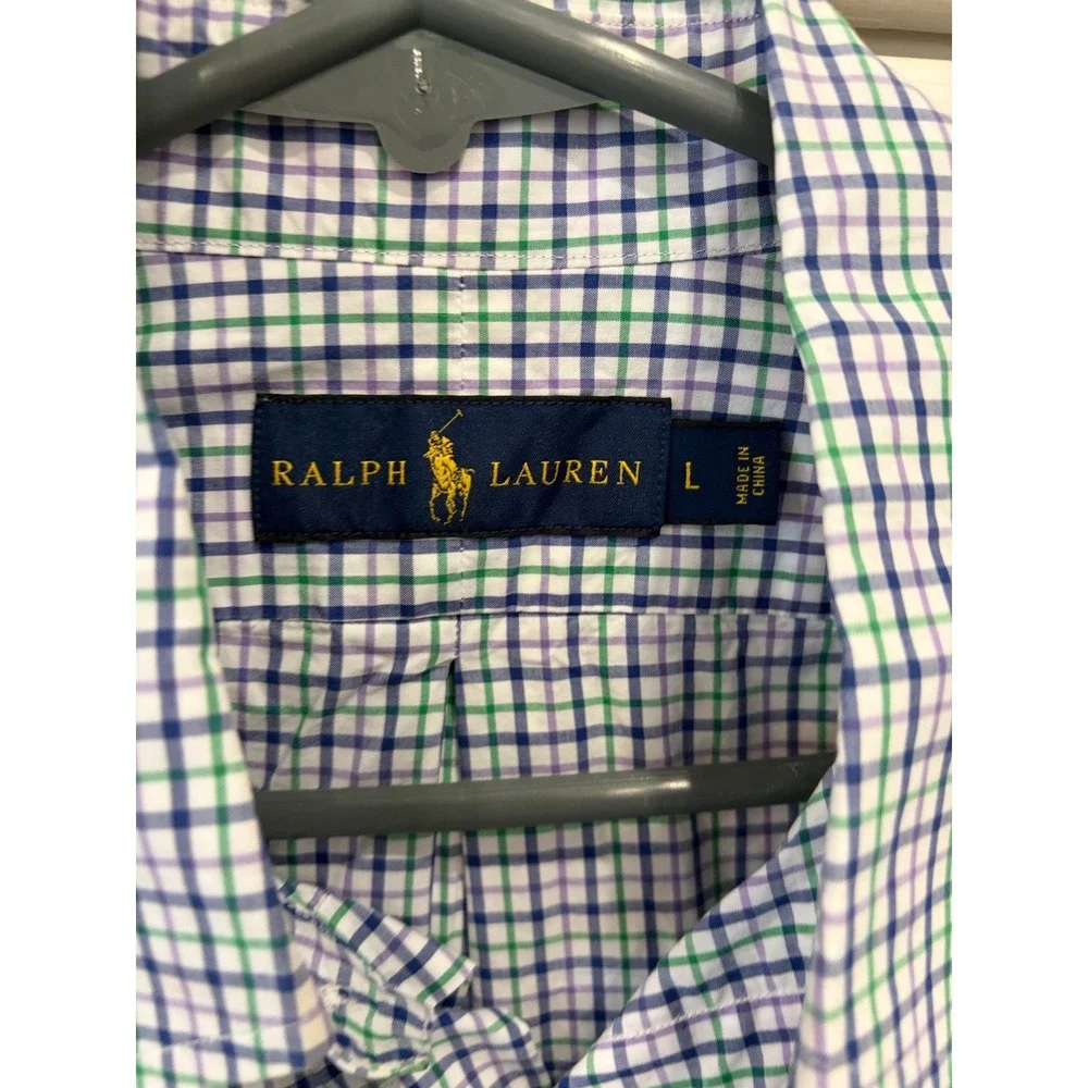 Ralph Lauren Mens Purple Green Tattersall Check Button Down Shirt Large L Cotton